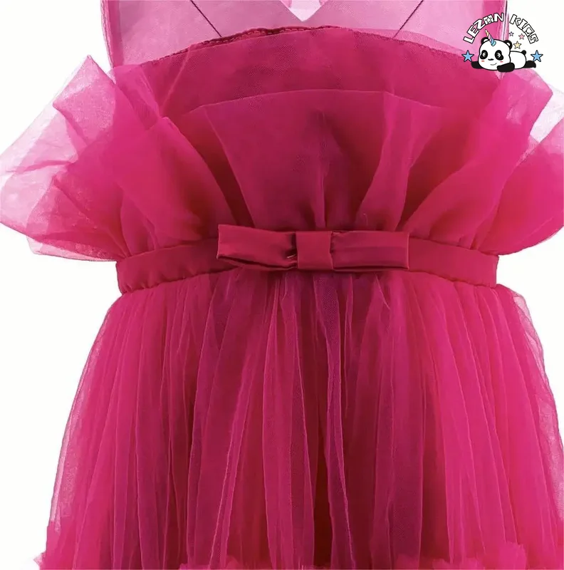 LEZONKIDS - Customizable Spring Sleeveless Mesh Children's Dress Solid Bow Knot Dress Girl Princess Dress